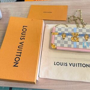 Louis Vuitton Pink & Blue Damier Azur Trunk Chain Wallet with Gold Hardware